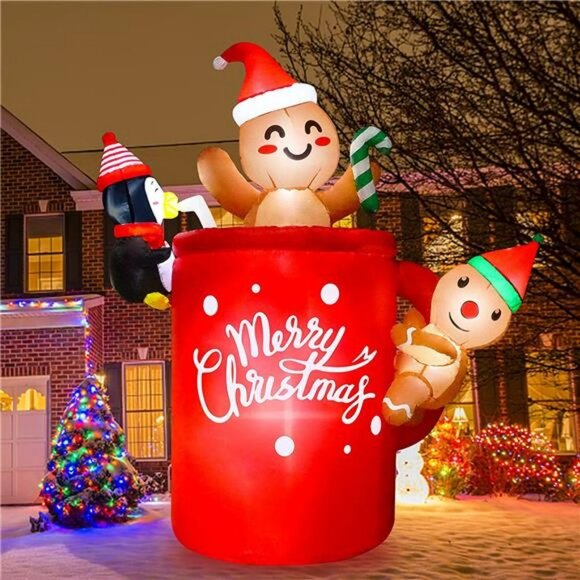 6Ft Inflatable Gingerbread Man in Cocoa Mug with Little Penguin -with LED Lights - Picture 4 of 7